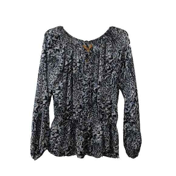 Ellen Tracy Womens Blouse Small Black Animal Print Gathered Peplum Silky Keyhole - Picture 7 of 10